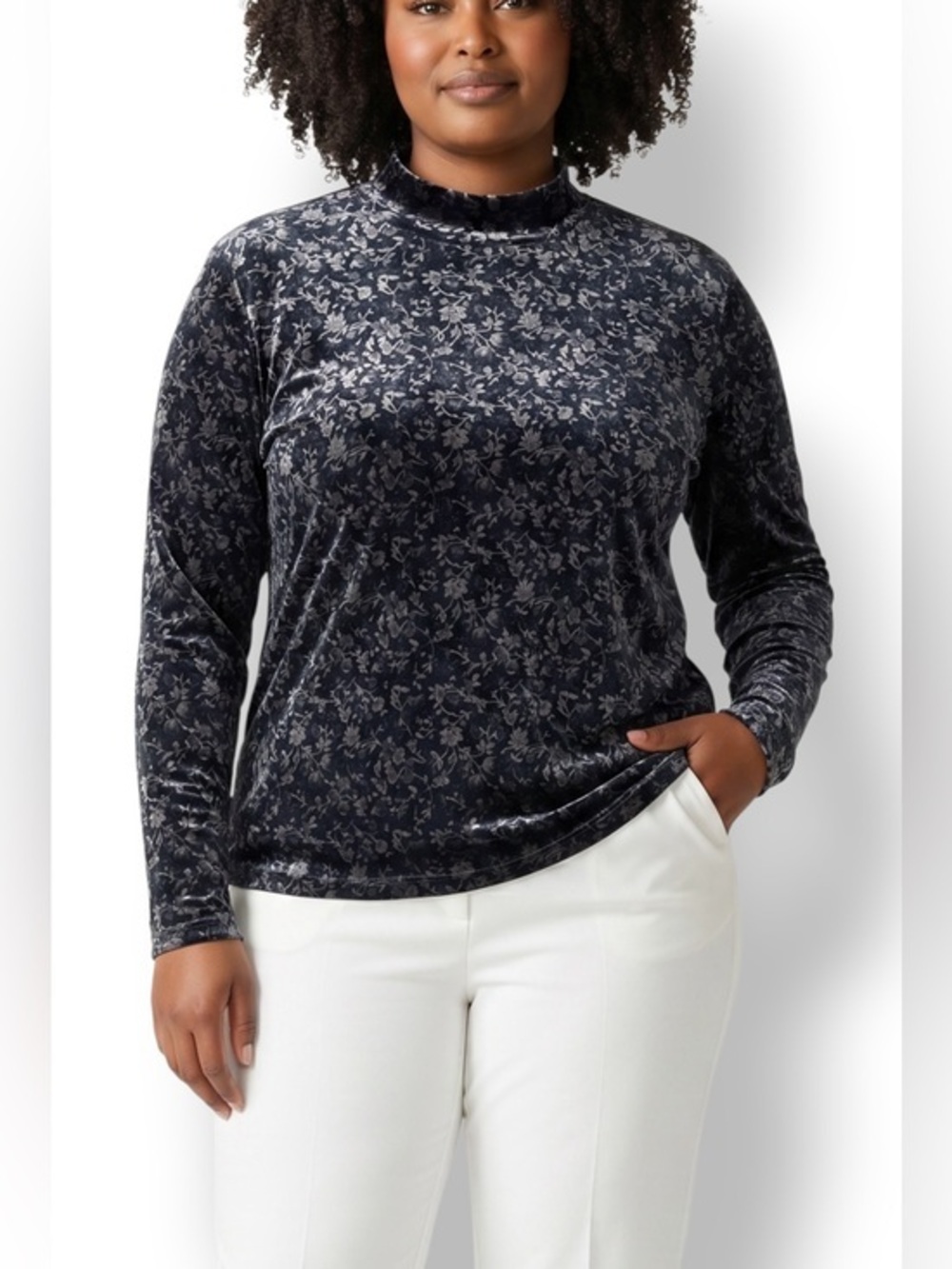 4/$20 Vintage Marshall Rousso Velvet Floral Mock Neck Top Long Sleeve Stretch XL
